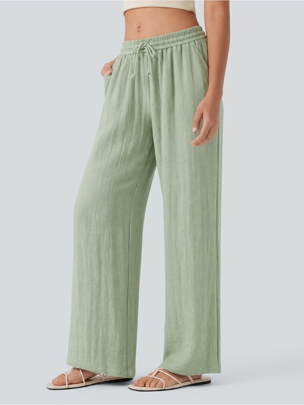 Halara Low Rise Drawstring Wide Leg Baggy Casual Linen-Feel Pants with Pockets